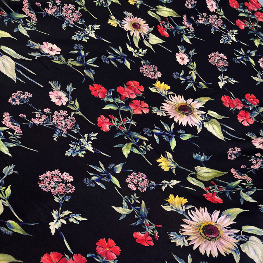 Viscose Lawn Adeline Digitally Printed Floral Black Dress Fabric