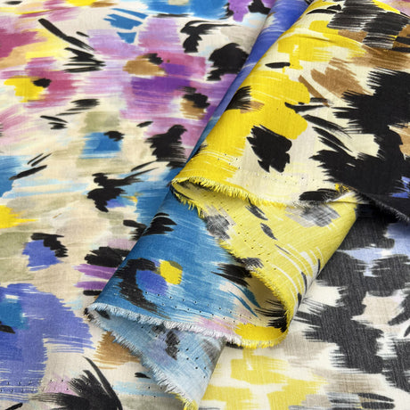 Viscose Satin Floral Mirage Blue Purple Yellow Abstract Dress Fabric Fold