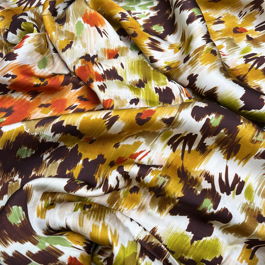 Viscose Satin Floral Mirage Rust Orange Green Brown Abstract Dress Fabric