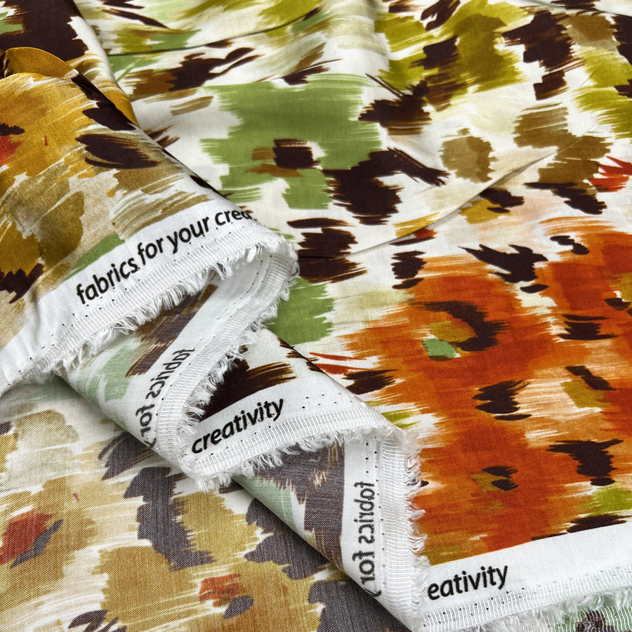 Viscose Satin Floral Mirage Rust Orange Green Brown Abstract Dress Fabric Fold