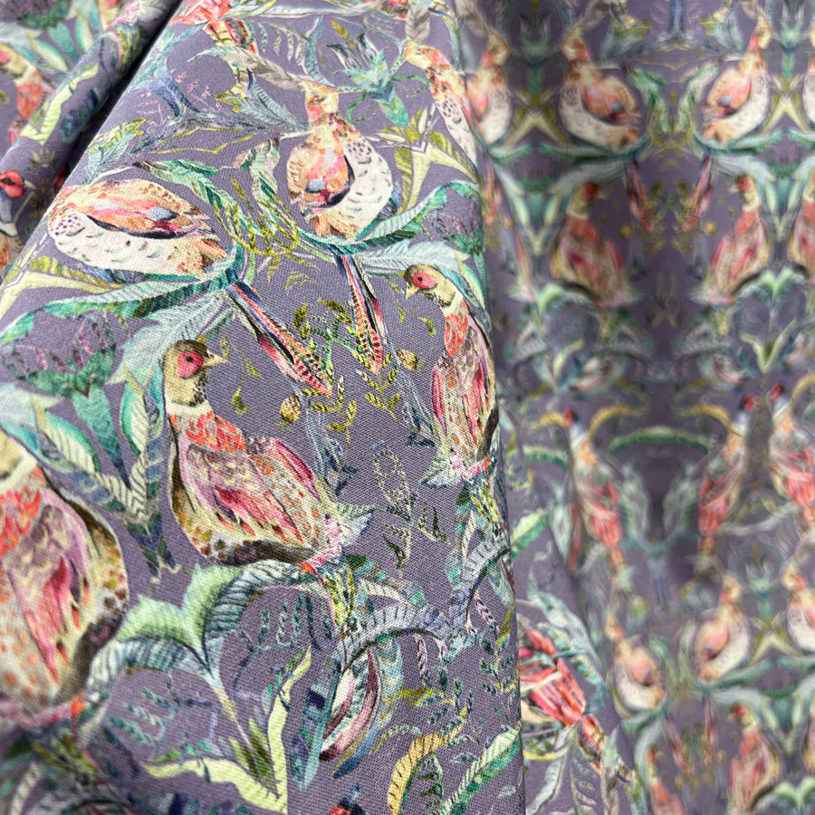 Voyage Netherton Loganberry Heather Morlich Cotton Pheasant Print Purple Dress Fabric