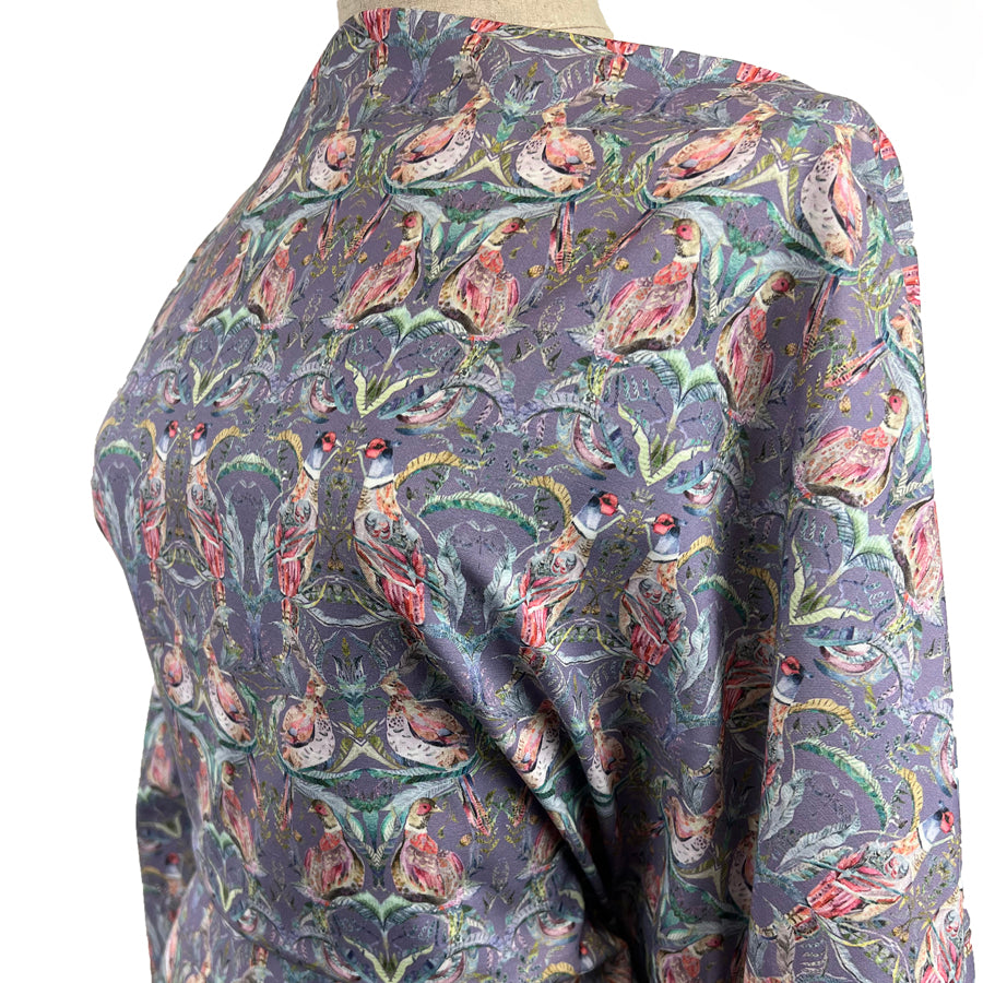 Voyage Netherton Loganberry Heather Morlich Cotton Pheasant Print Purple Dress Fabric Side