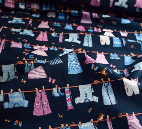 Washing Day Dark Navy Blue Fabric With A Blue And Pink Washing Line Pattern Cu
