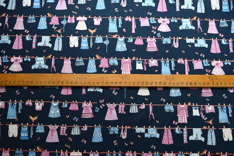 Washing Day Dark Navy Blue Fabric With A Blue And Pink Washing Line Pattern S