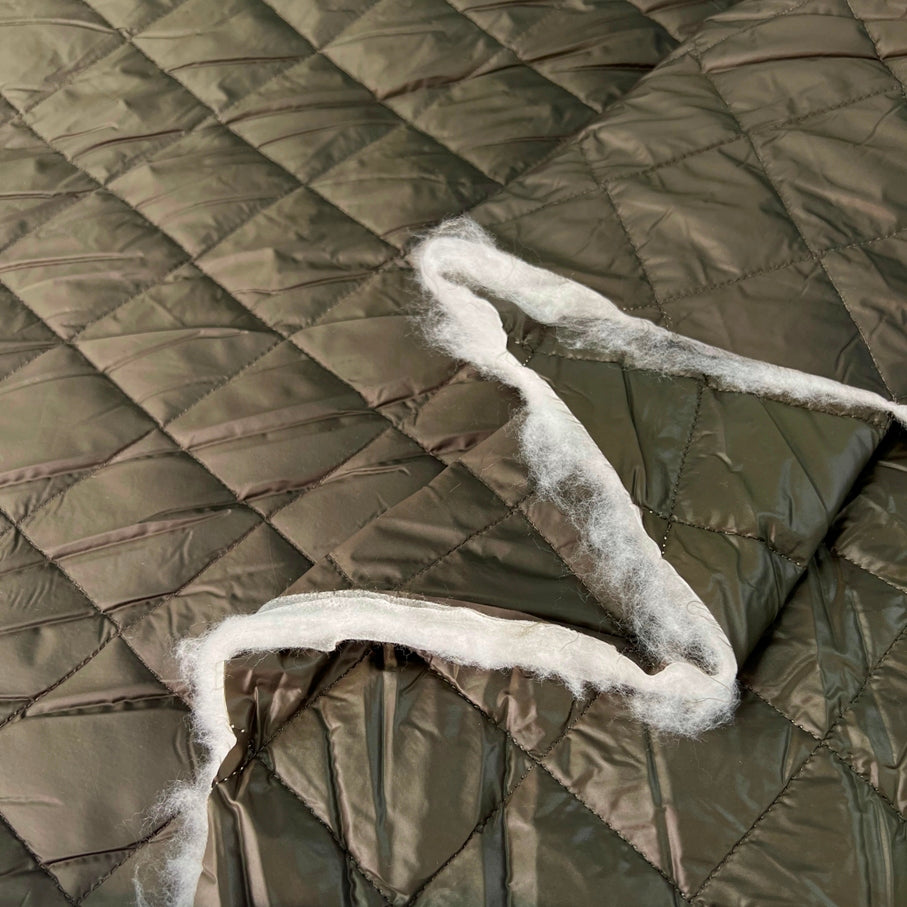 Water Resistant Diamond Quilted Fabric Luxury Quilting Dark Olive Fold