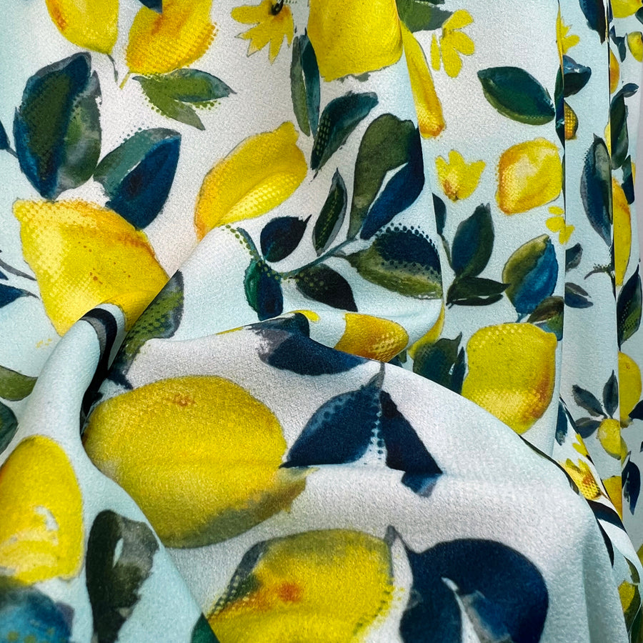 When life gives you lemons blue yellow printed knitted scuba jersey dress fabric cu