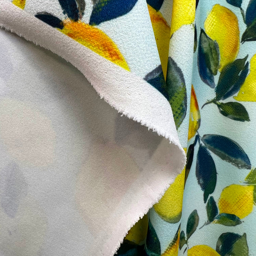 When life gives you lemons blue yellow printed knitted scuba jersey dress fabric drape
