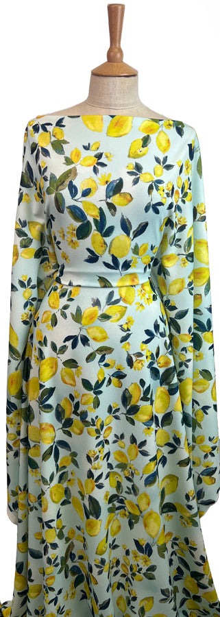 When life gives you lemons blue yellow printed knitted scuba jersey dress fabric mannequin