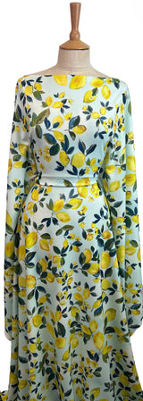 When life gives you lemons blue yellow printed knitted scuba jersey dress fabric mannequin