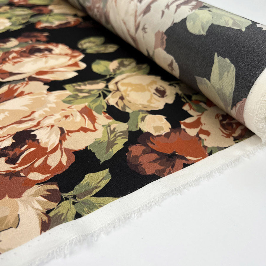 Whispering smith silk black floral italian brown green dress fabric roll