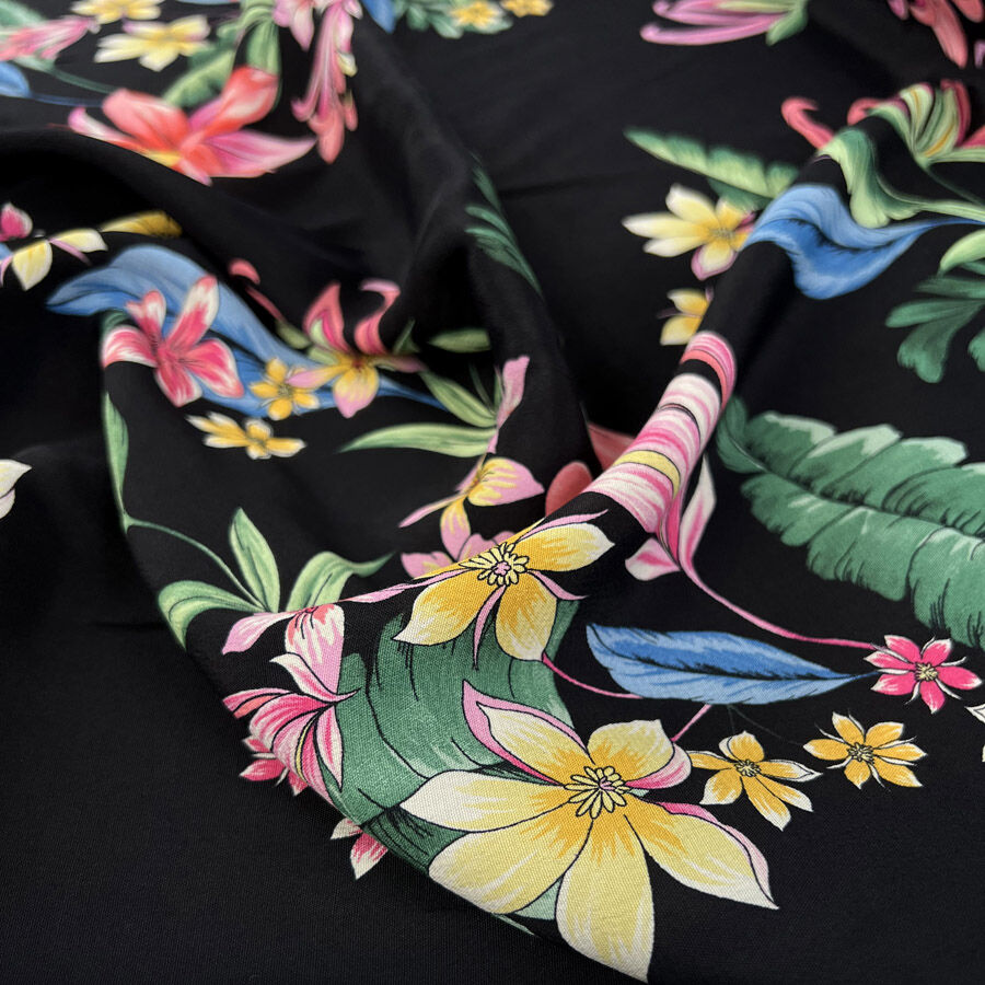 White Lotus Black Multicoloured Floral Viscose Dress Fabric