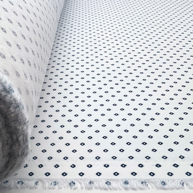 White polyester dress fabric navy diamonds oh so s 2