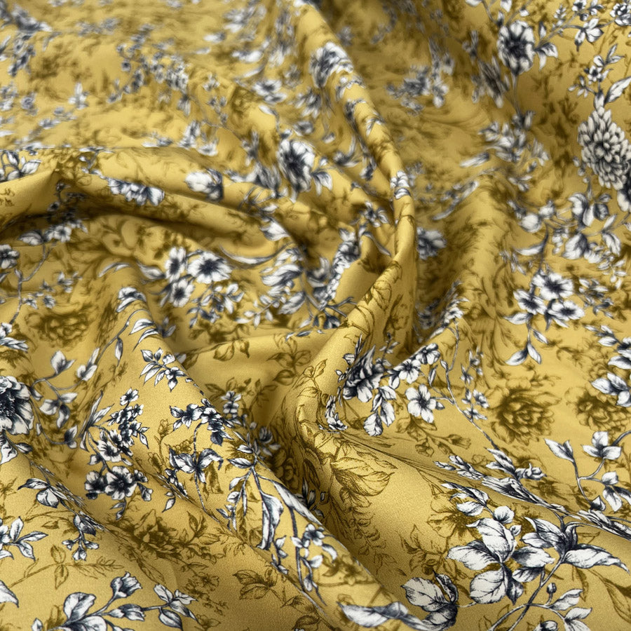 Wide Width Cotton Poplin Wren Oeko Tex Floral Print Ochre Yellow Craft Fabric