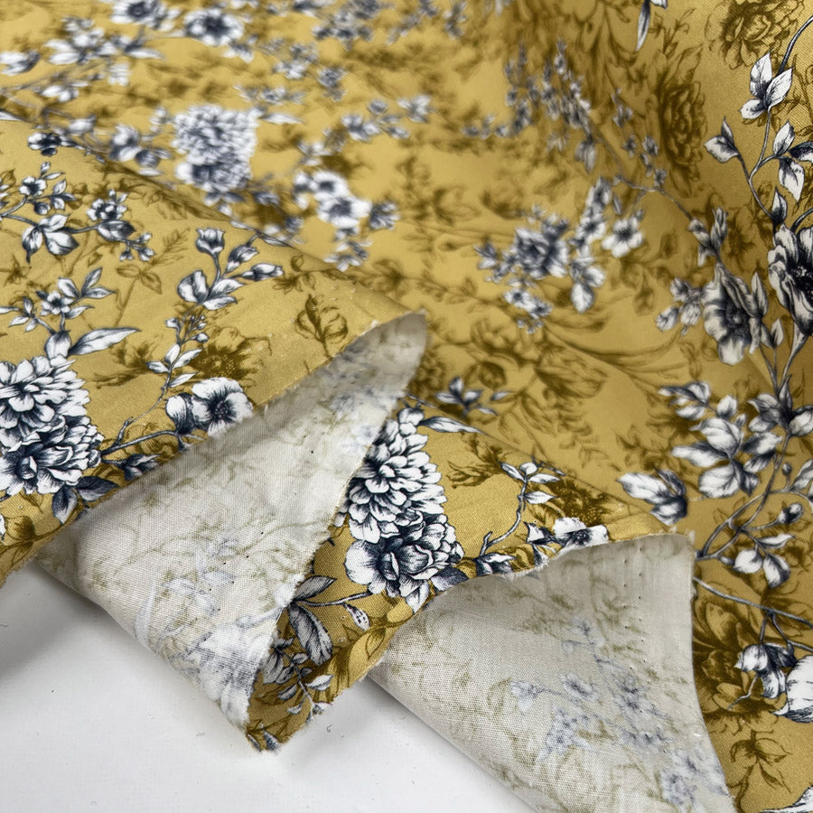 Wide Width Cotton Poplin Wren Oeko Tex Floral Print Ochre Yellow Craft Fabric Fold