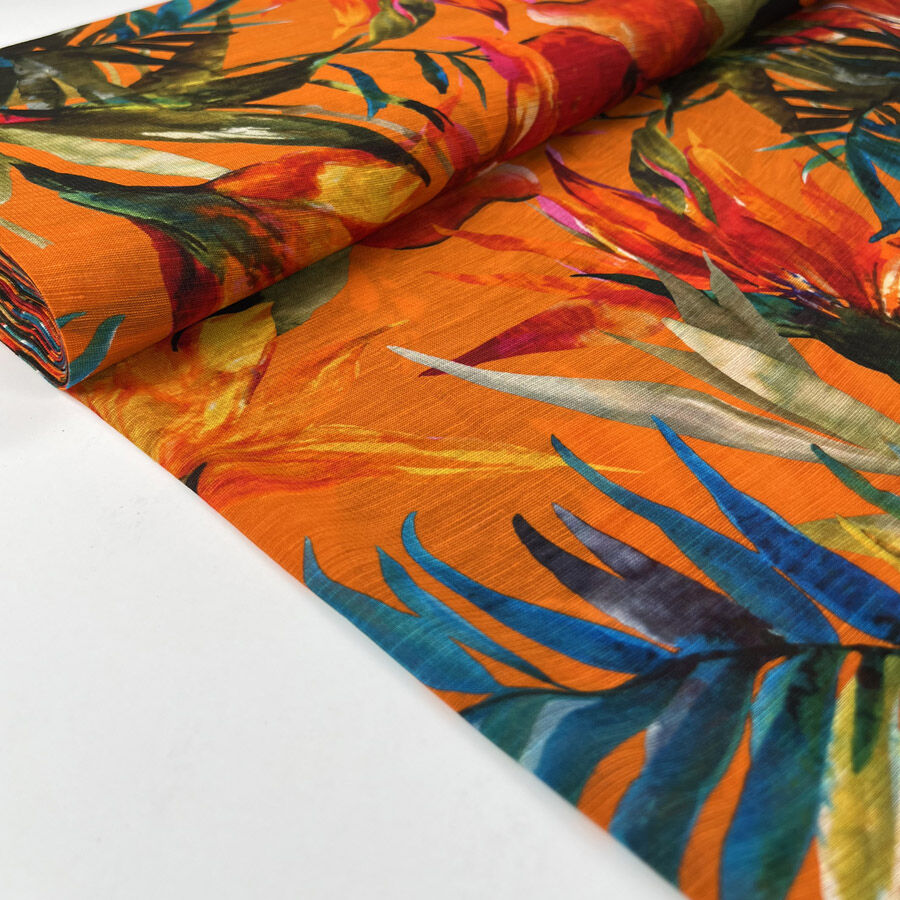 Wild Expressions Tropical Blaze Linen Viscose Abstract Woven Leaf Print Dress Fabric Bolt