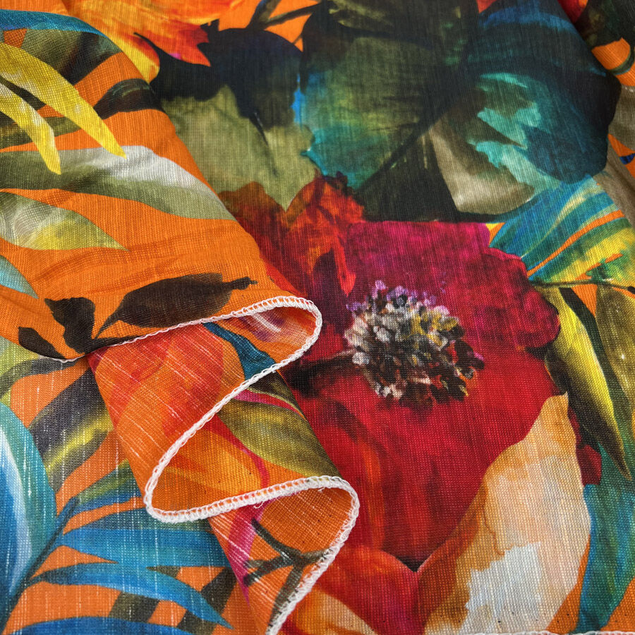 Wild Expressions Tropical Blaze Linen Viscose Abstract Woven Leaf Print Dress Fabric Fold