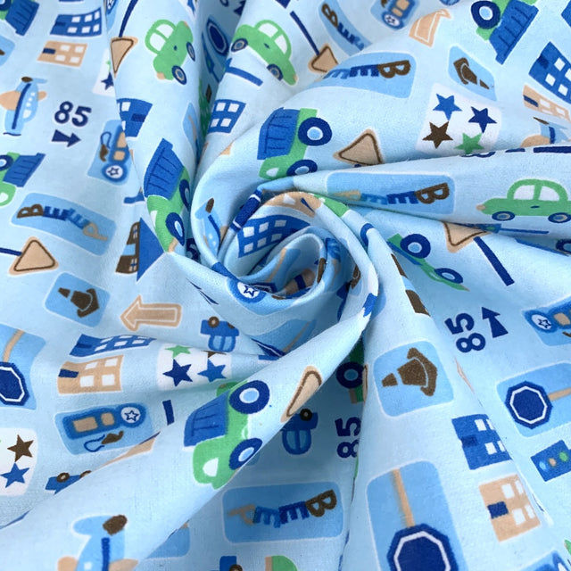 Winceyette Traffic Blue Cars Cotton Fabric Cu