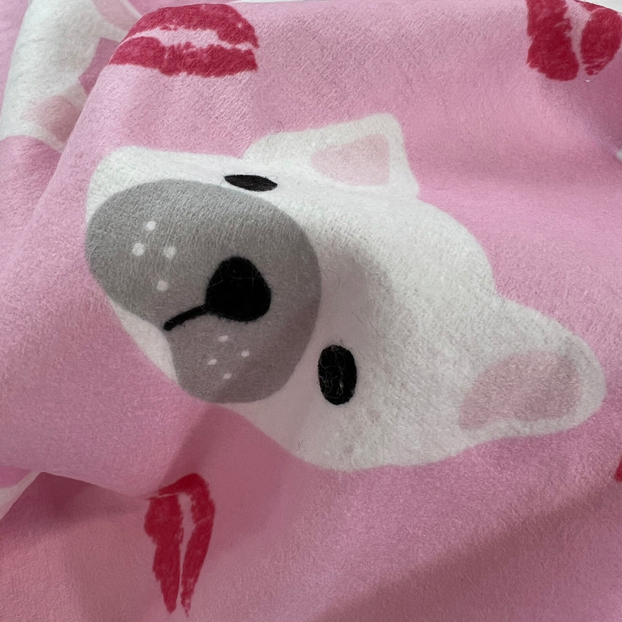 Winceyette Pink Pug Brushed Cotton Flannel Fabric