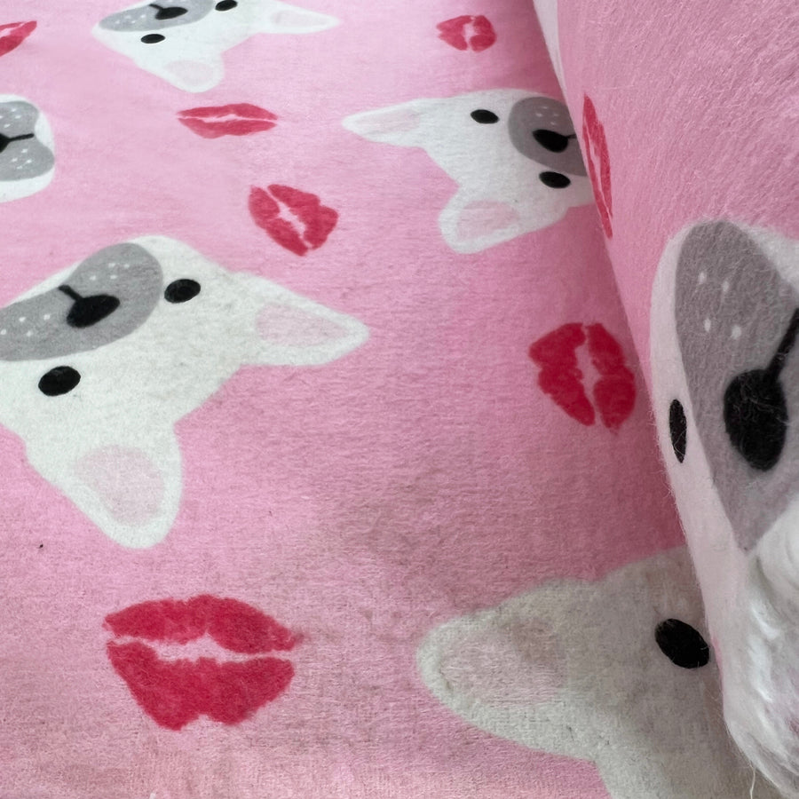 Winceyette Pink Pug Brushed Cotton Flannel Fabric Roll