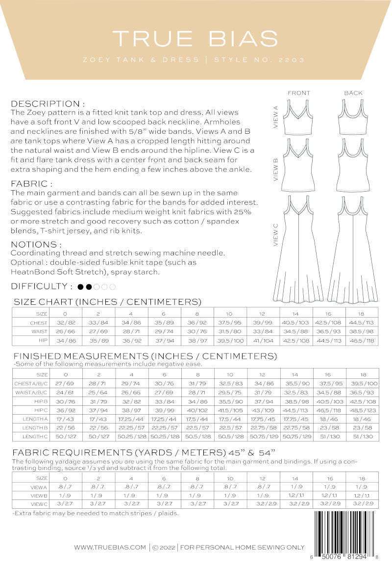 Zoey Tank Dress Pattern By True Bias Backcover