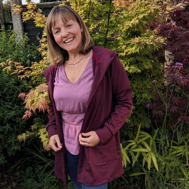 Customer Make by Jacqui - BB Ponte Roma - Damson Fabric - Itch to Stitch Castillo Cardigan Pattern - September 2023