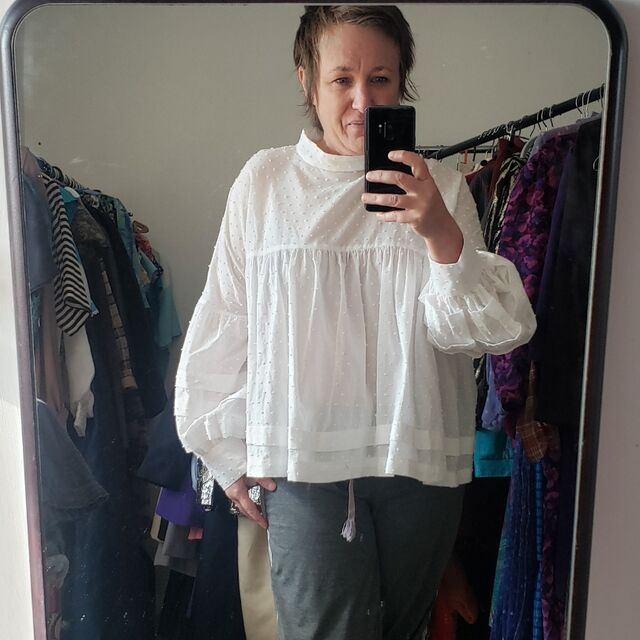 Customer Make by Sophie - Dobby Dot - Soft White Fabric - Pauline Alice Patterns Coeli Blouse - October 2023