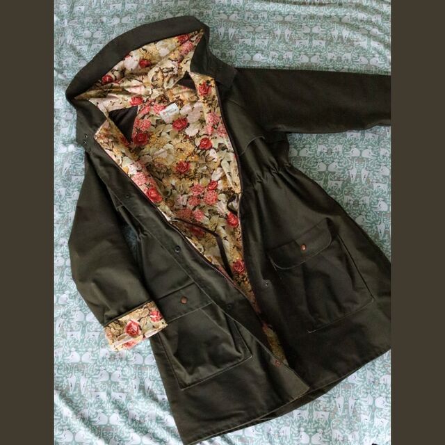 Customer Make by Fiona - Oilcloth, Floral Cotton & Ex Barbour Lining - Tilly and The Buttons Eden Raincoat - February 2023