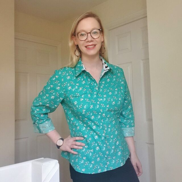 Customer Make by Laura - Rudiments - Poetry - Aqua Fabric - Tilly and the Buttons Rosa Shirt - January 2023