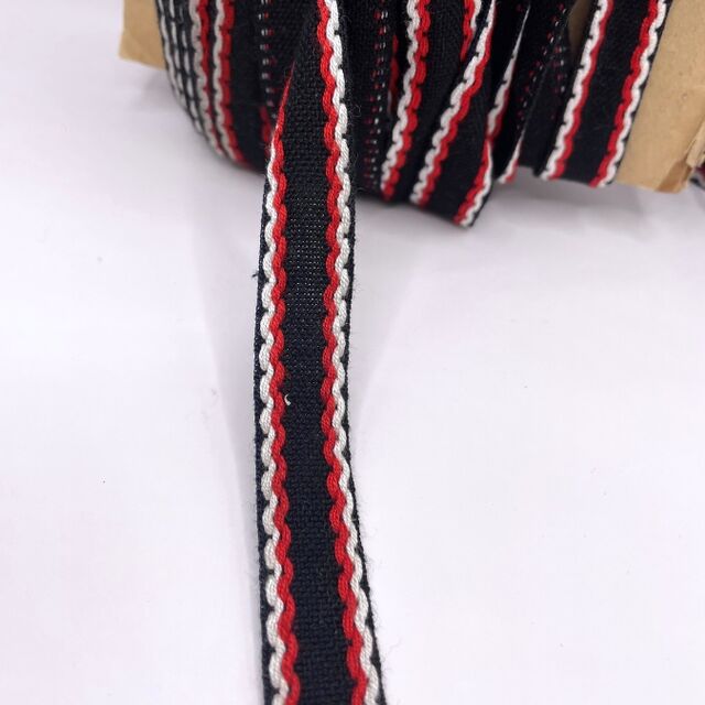 15mm Stitched Edge Braid Cotton Tape – Black, Red & White