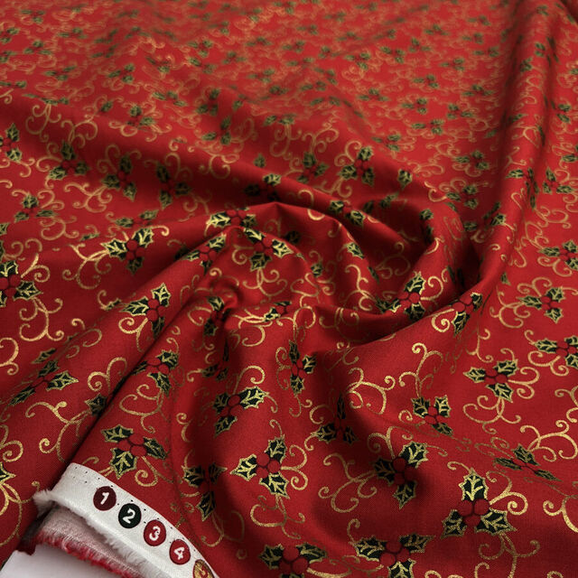Christmas Cotton - Berries & Holly - Red