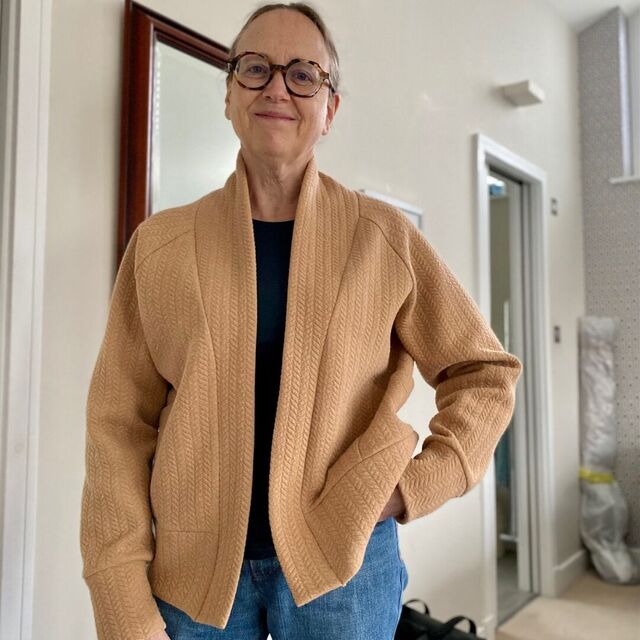 Cardigan by Cathy - Fabric - Quilted Wool Mix Jersey - Camel - Pattern -  Fjord Cardi - Papercut Patterns - January 25