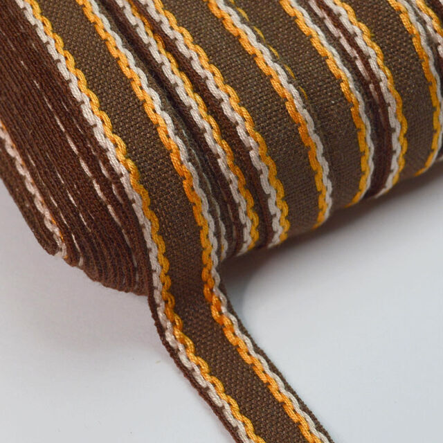 15mm Stitched Edge Braid Cotton Tape - Brown, Orange & Cream (50m Roll)