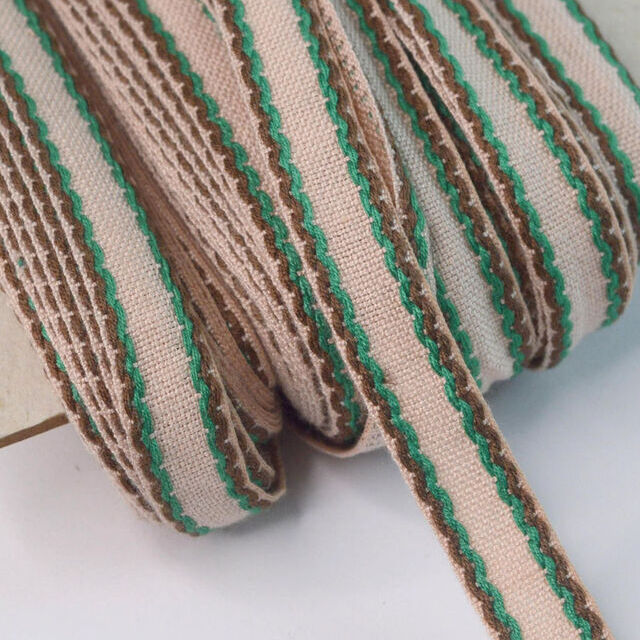 15mm Stitched Edge Braid Cotton Tape - Taupe, Brown & Green (50m Roll)