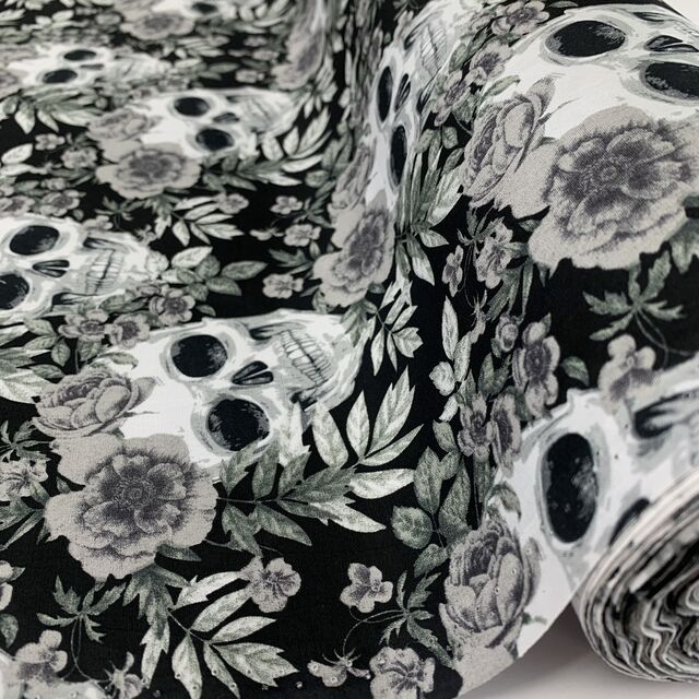 Poplin Print - Floral Skulls - Black