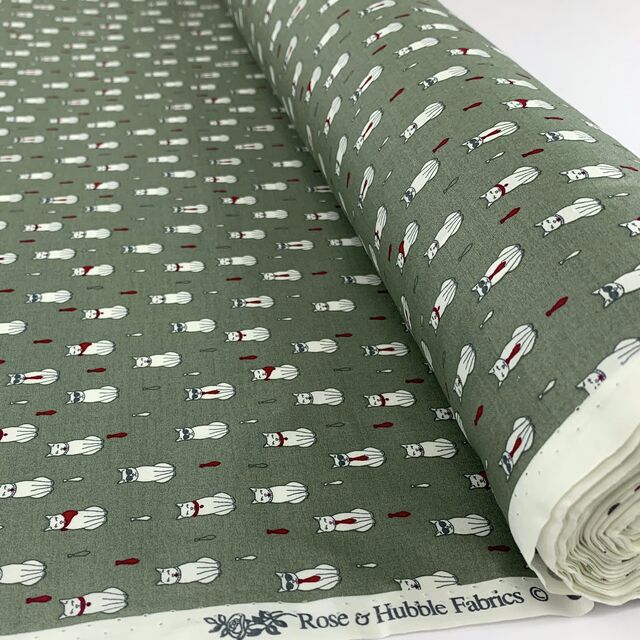 Poplin Print - Formal Feline - Sage